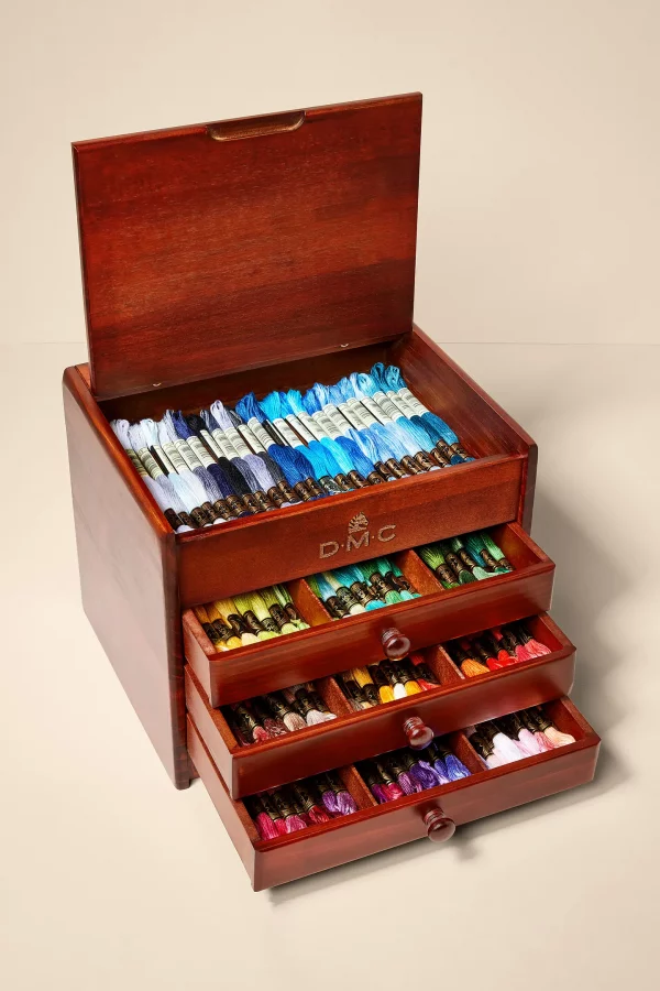 DMC Vintage Wooden Chest (3 drawer) with 120 skeins Mouline Stranded Cotton - Image 2