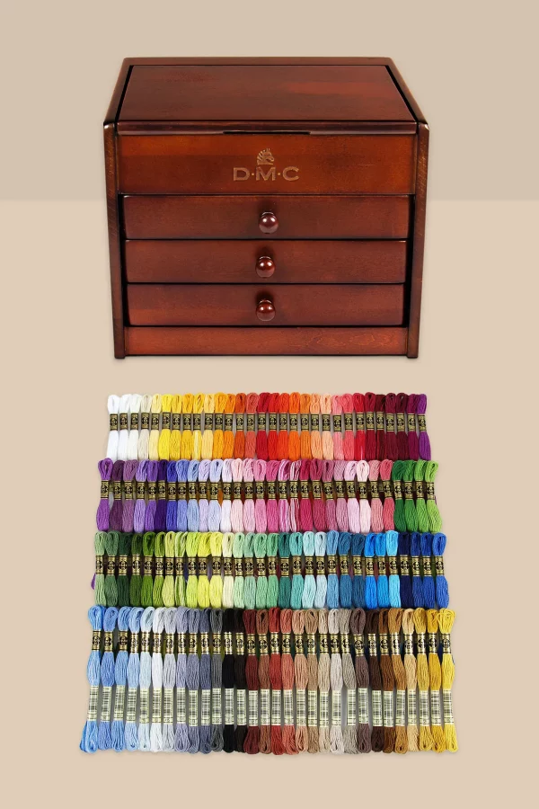 DMC Vintage Wooden Chest (3 drawer) with 120 skeins Mouline Stranded Cotton