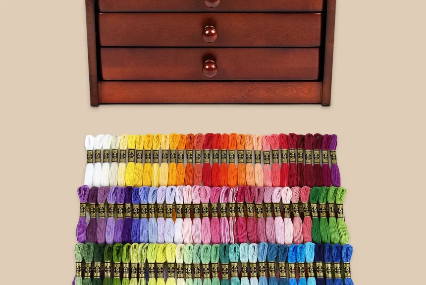 DMC Vintage Wooden Chest (3 drawer) with 120 skeins Mouline Stranded Cotton