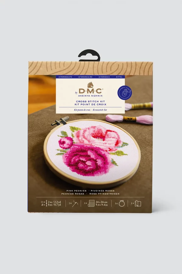 DMC Pink Peonies by Aksinya Nizhnik Intermediate Cross Stitch Kit - Image 2